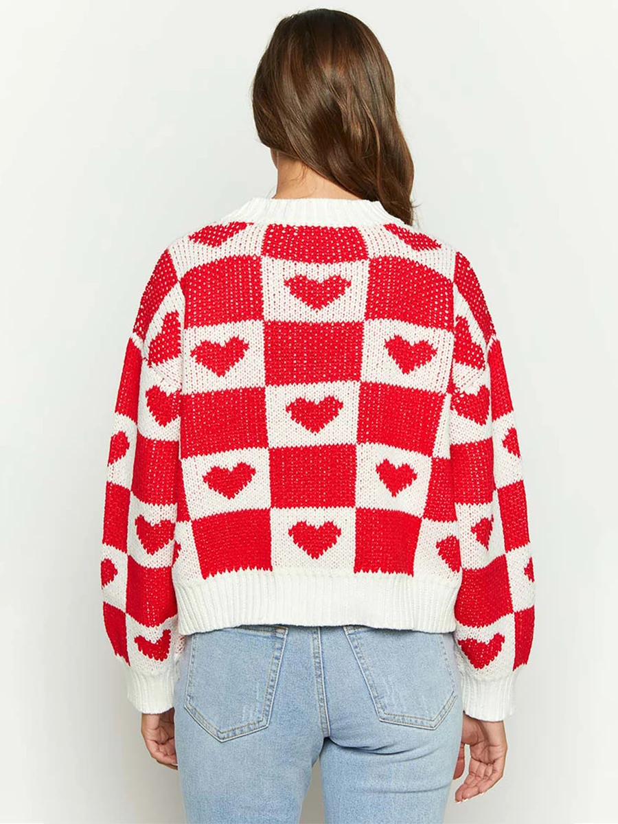 Women s Checker Heart Print Sweaters Long Sleeve Round Neck Loose Pullovers Knit Tops