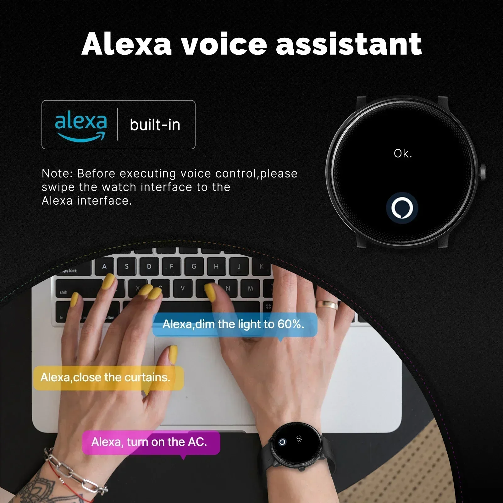 MOES Reloj inteligente Alexa Rastreador de ejercicios incorporado Frecuencia cardíaca y dos estilos de dial Monitor de oxígeno en sangre, pantalla