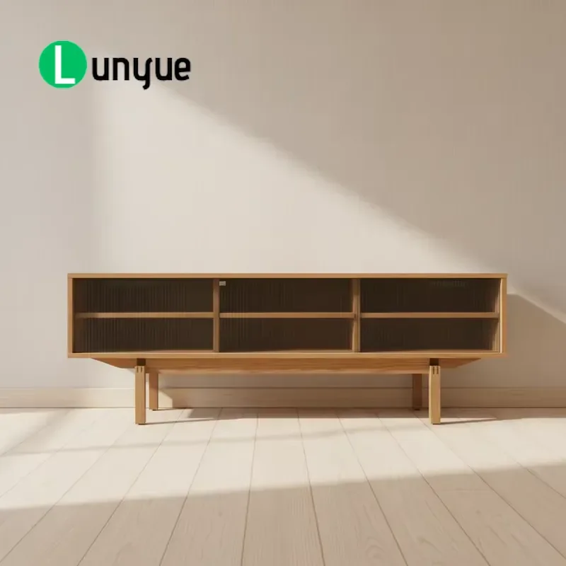 Industrial Style Wooden TV Bench with Glass Door Flat Panel TV Stand Cable Management System for Living Room Modern