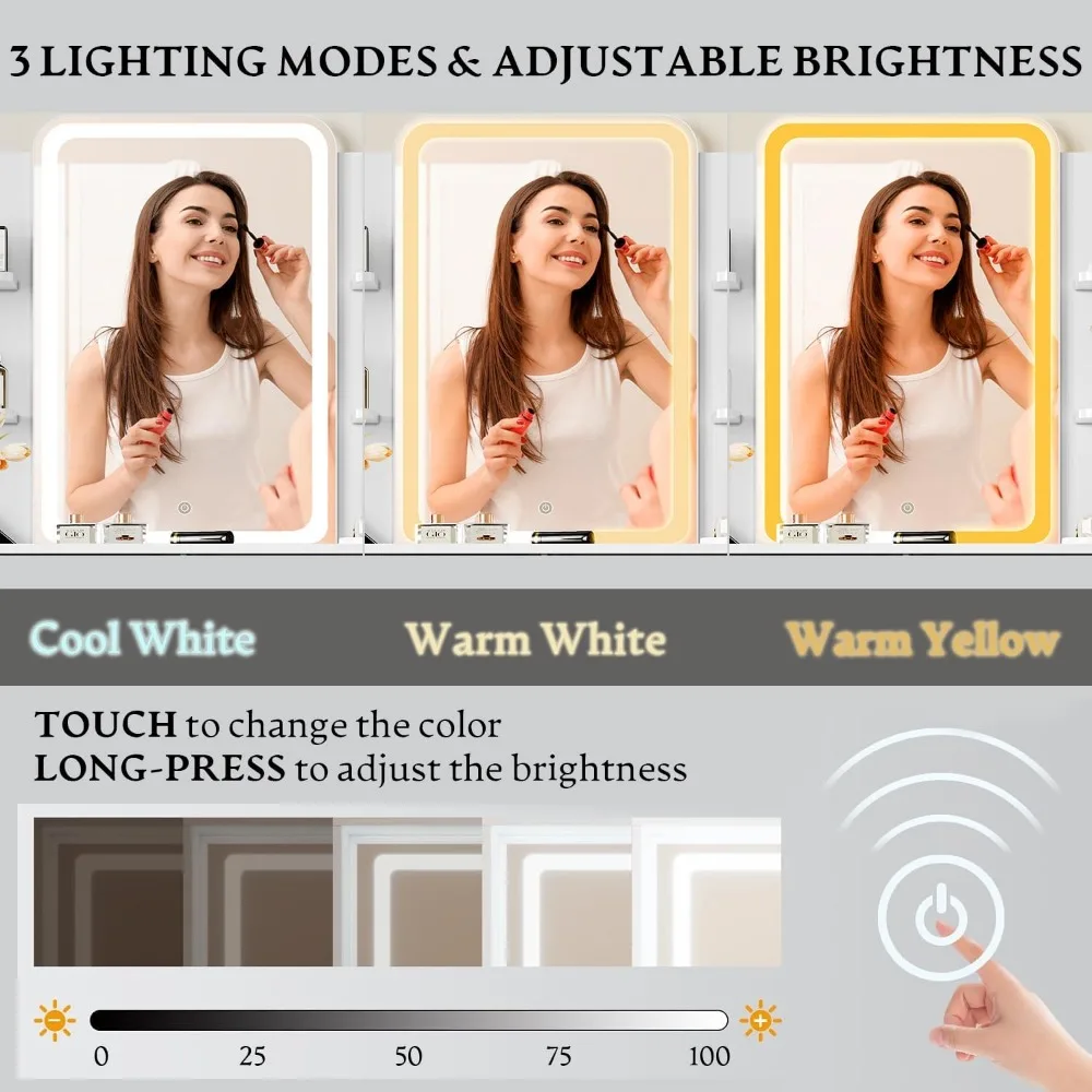 طاولة مكياج مدمجة مضيئة بإضاءة LED مع مساحة تخزين ومخرج طاقة وأوضاع إضاءة قابلة للتعديل