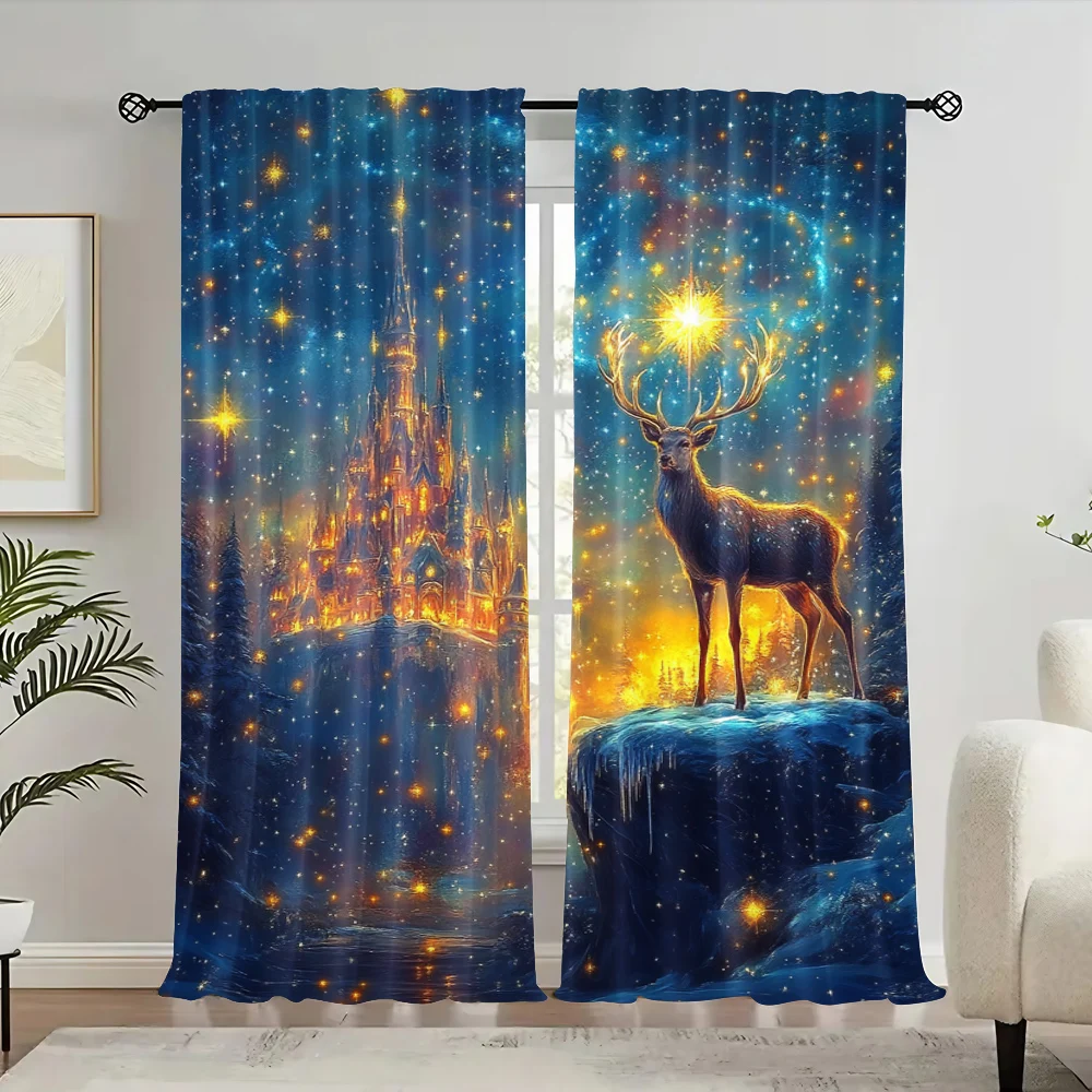 2pc,  Drapes Forest Deer and Celestial Elements Versatile Polyester,Without Electricity Spring Party & Holiday Decor Applies to