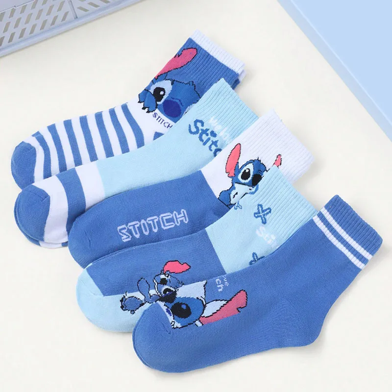 

5 Pairs Stitch Cotton Socks Anime Cartoon Pure Socks Medium Length Socks Combed Cotton Birthday Gift Winter Men's and Women's