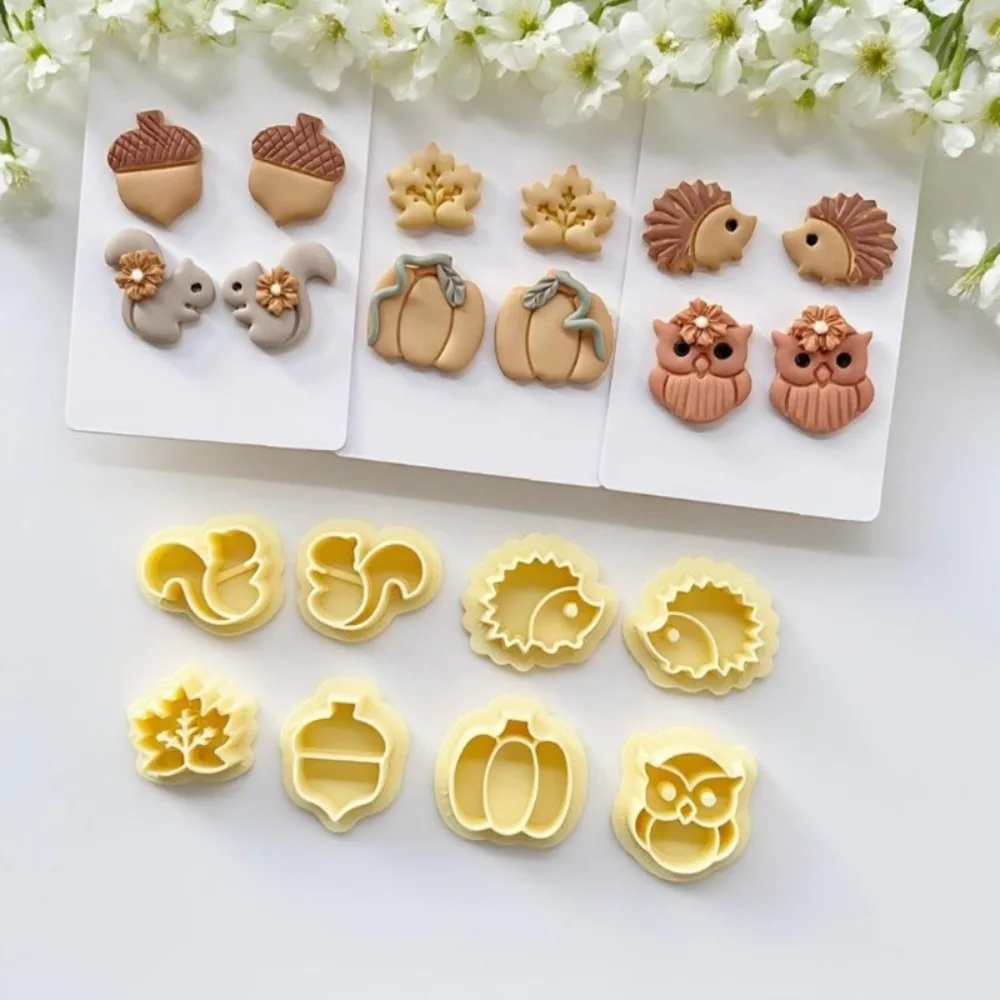 8Pcs Autumn Forest Animal Plant Polymer Clay Cutters Set Squirrel Hedgehog Owl Pumpkin Molds for DIY Earrings Jewelry Making Kit