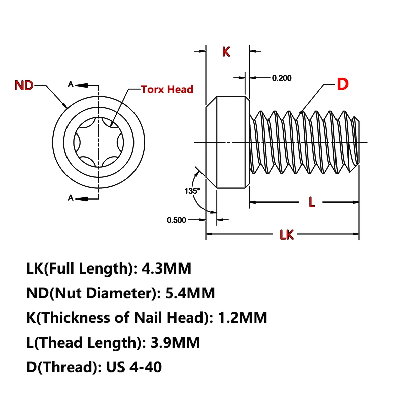 6pcs/lot Titanium Alloy Knife Handle US Thread 4-40 T8 Torx Flat Head Screws Nails Fold Knives Modification Accessory DIY Part