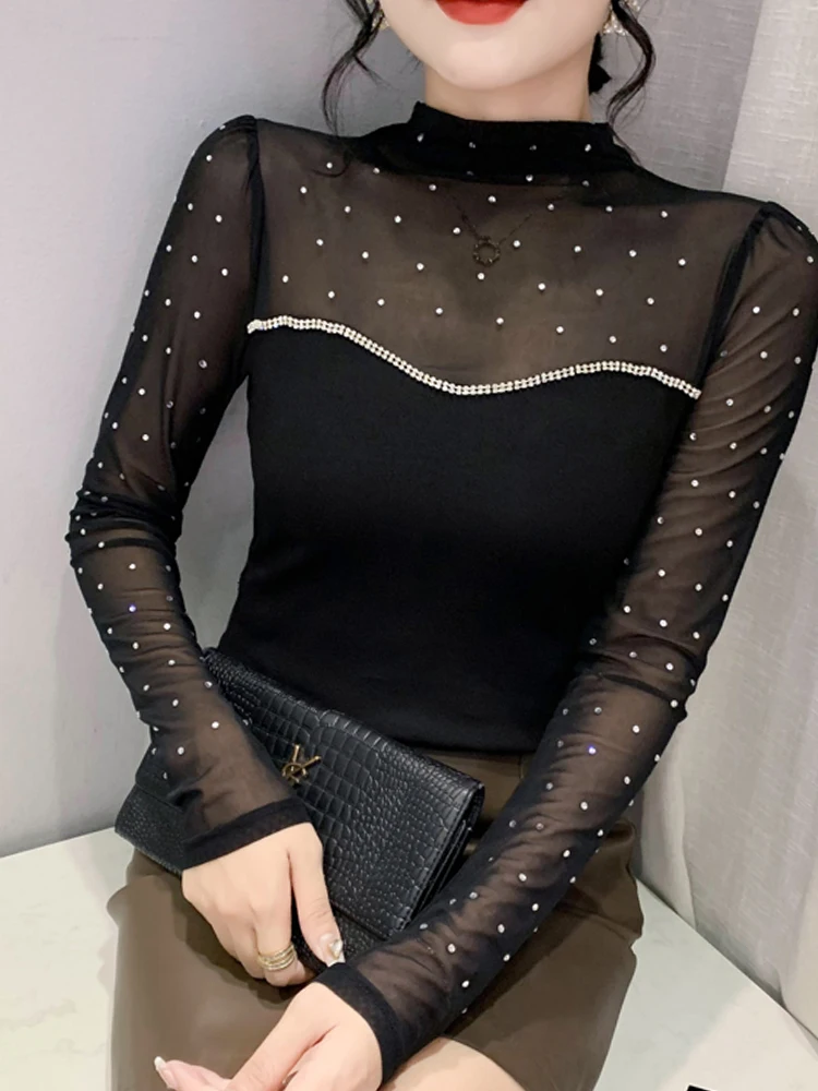 Sl Me Splice Long Sve f Top de gola alta feminino outono inverno sexy base de fosso irt strass decorado T...