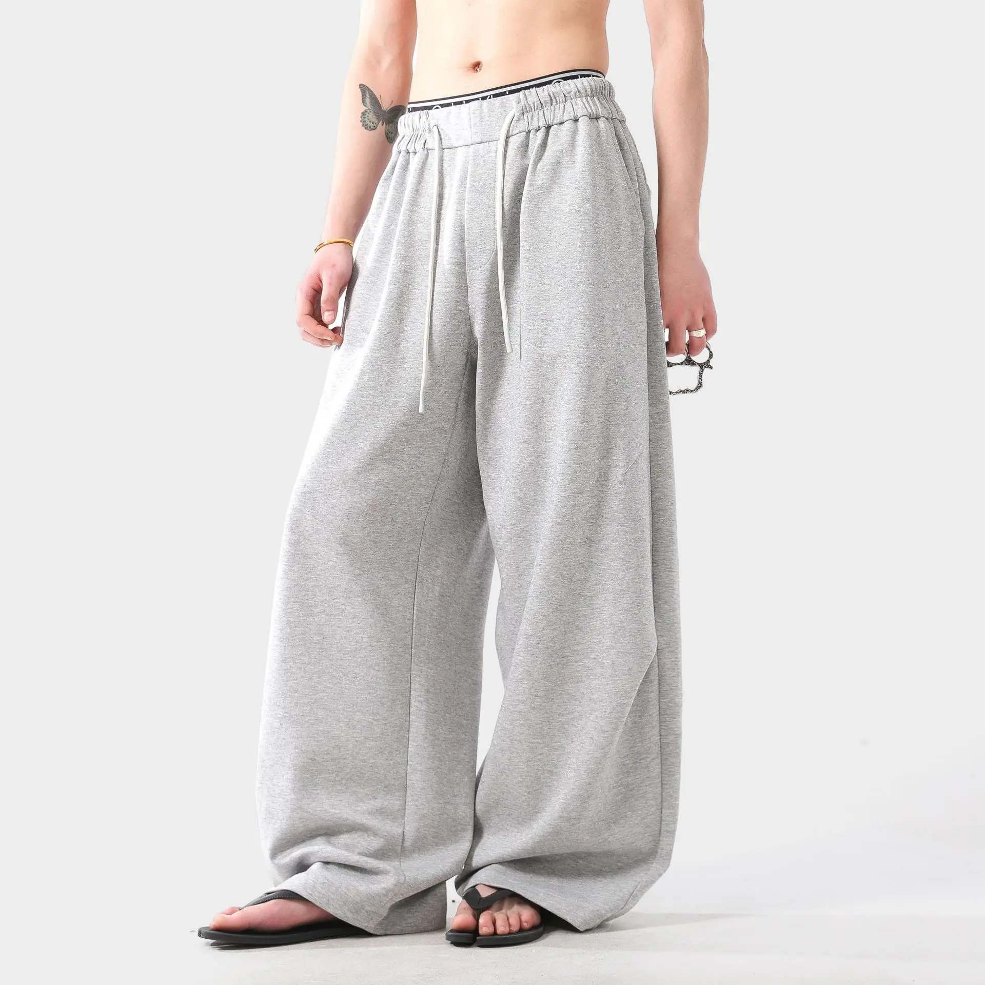 Men's Gray Baggy Sweatpants Wide Leg Long Drawstring Casual