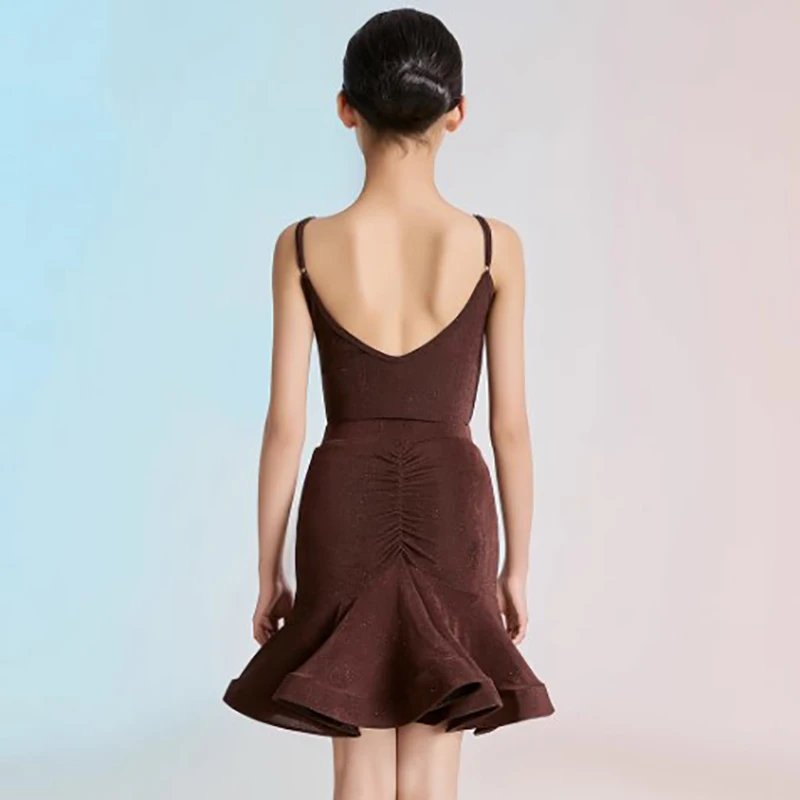 

Детский костюм для латиноамериканских танцев: боди на тонких бретелях с открытой спиной и плиссированная юбка-рыбий хвост для девочек, одежда для выступлений и тренировок