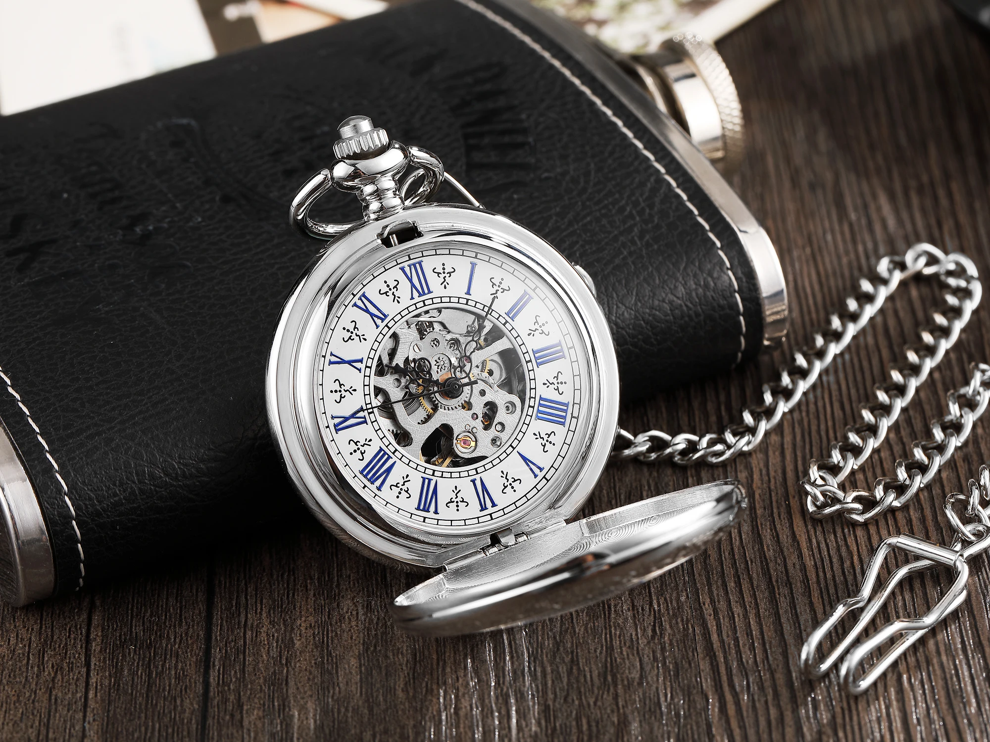 Luxus Silber römische Ziffern Maschinen Taschenuhr Kette Männer Frauen hohle Vintage Anhänger Halskette besten Geschenke für Männer Frauen