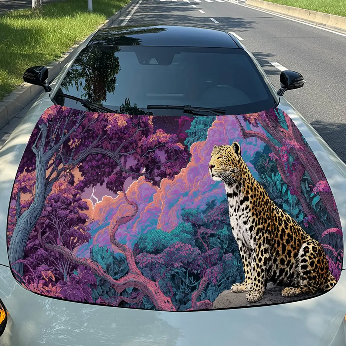 

Magic Color Jungle Leopard PVC Car Hood Wraps, Self-Adhesive Waterproof Car Bonnet Decal Sticker, Car Decoration Protection Stic