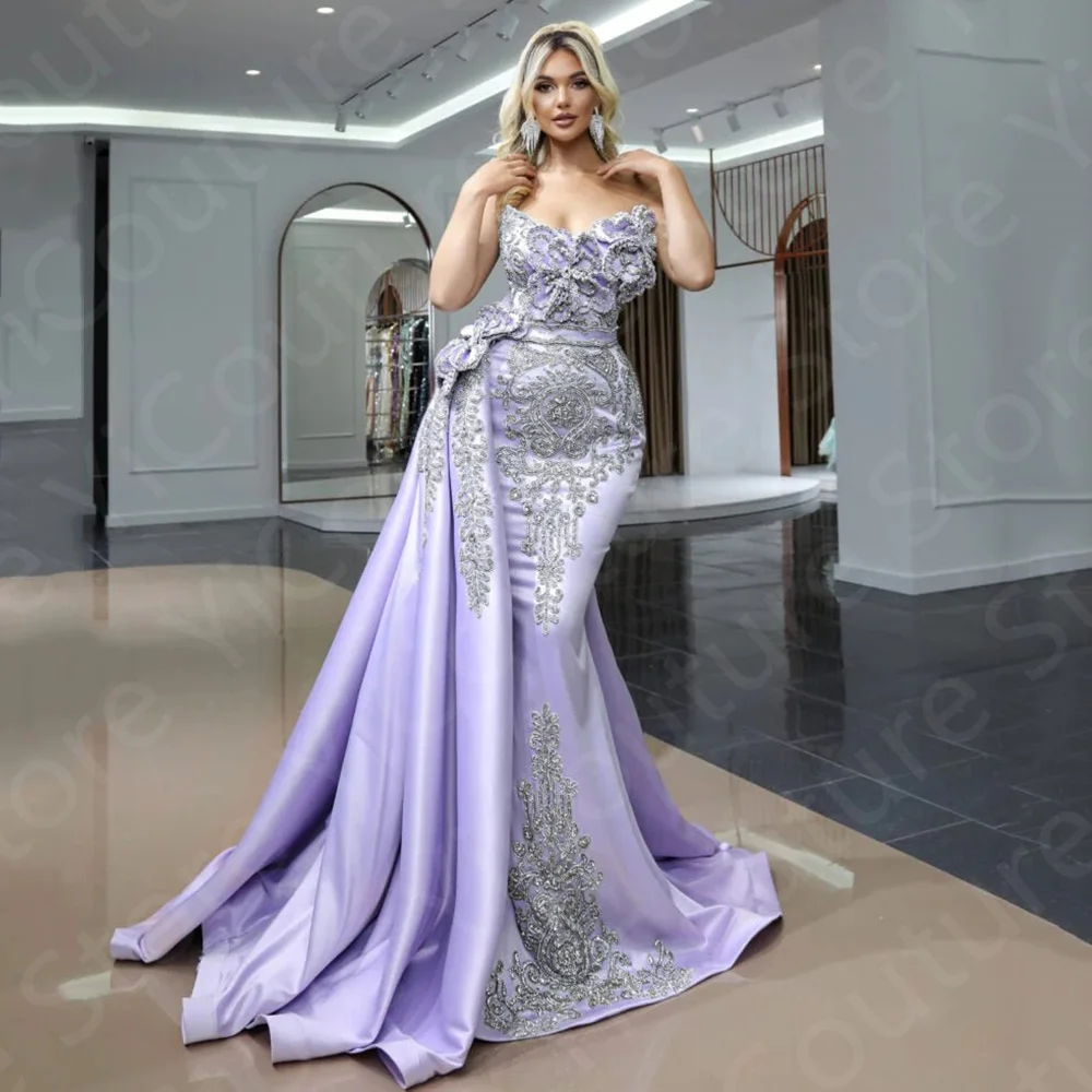 Classic On Sale Lavender Evening Dresses Mermaid Prom Gowns with Removable Train Strapless Wedding Party Dresses 2024 Appliqued