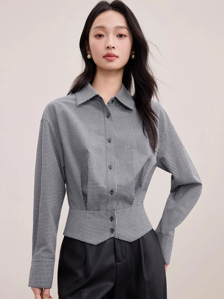 

SENTUBILA Women Plaid Shirt Autumn 2025 Chic Turn-Down Collar Design Long Sleeve Shirt Office Commuter Casual Tops 153CG3346