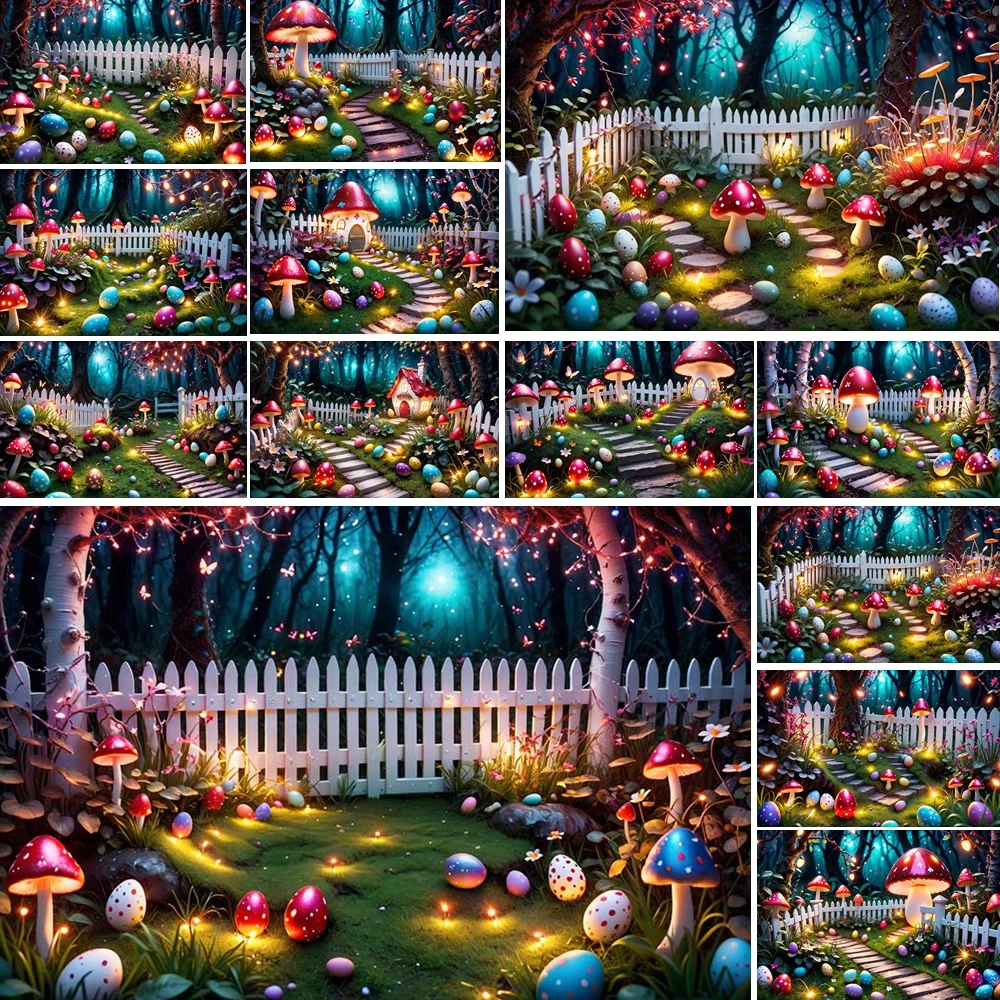 

MOON.QG Magical Night Easter Garden Background Twinkling Lights Mushroom Props Stone Backdrop Photocall Photobooth Photozone