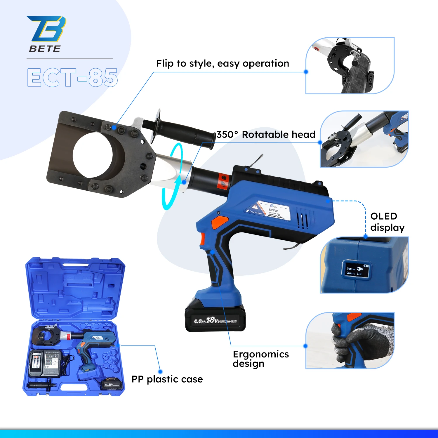 ECT-85 LCD 6T 85mm Armoured Copper Aluminum Hydraulic Cutter Cordless Battery Operated Cable Cutting Tool