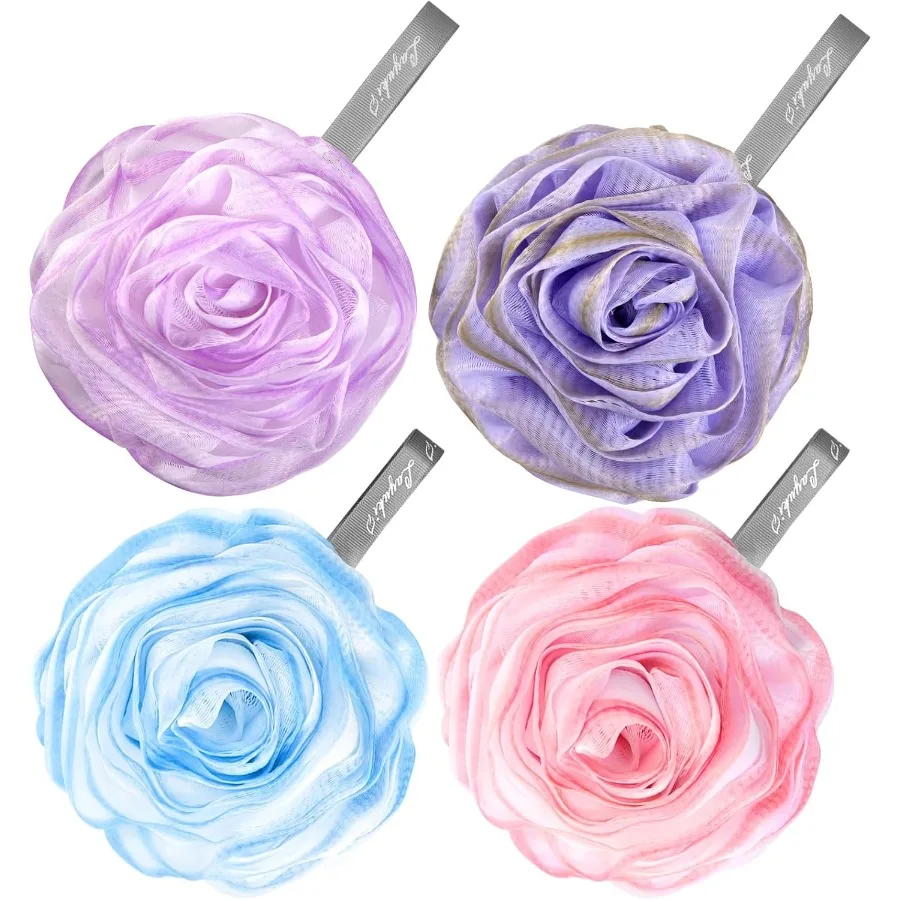 Elegante set di 4 spugne da doccia in luffa da bagno a forma di rosa per il lavaggio quotidiano del corpo e l'esfoliazione della pelle nel bagno SpaLike