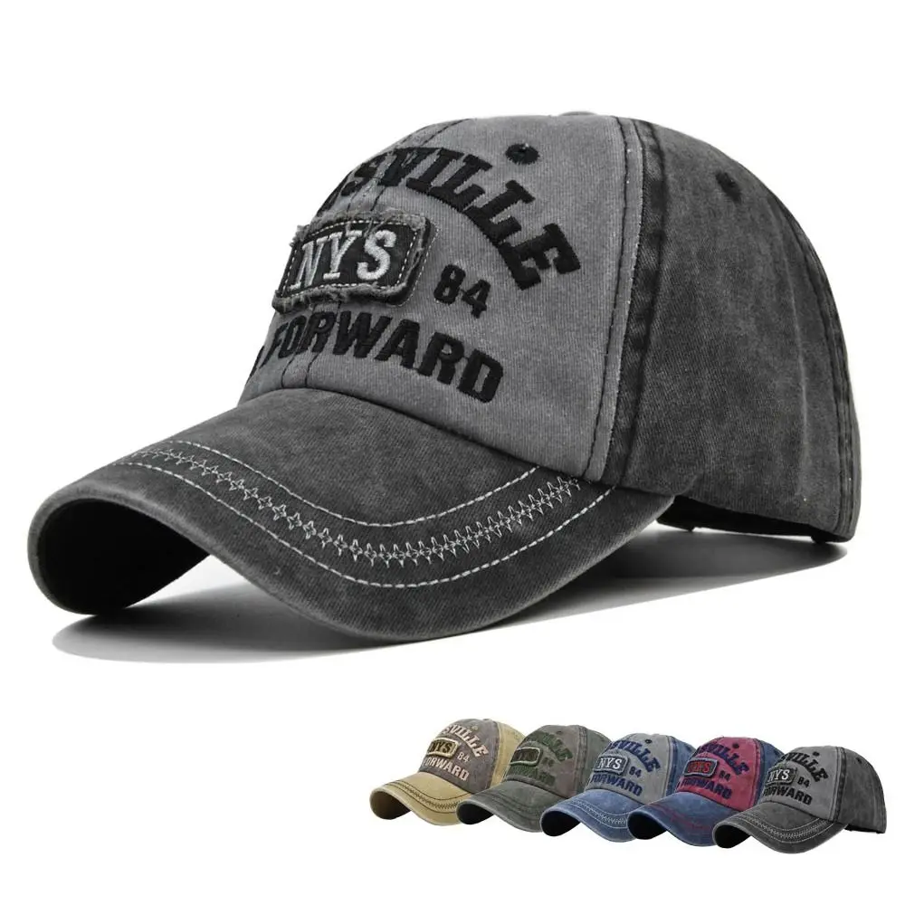 Denim Letter Embroidery Baseball Caps Four Seasons Men Baseball Cap Distressed Washed Cotton Bent Brim Dome Casual Sun Hat