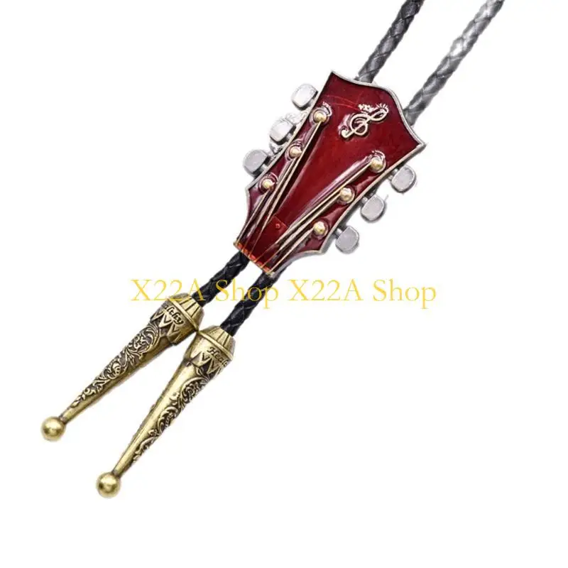 Unique American Bolo Tie Western Cowboy Braided Faux Leather Rope Enamel Guitar Necktie
