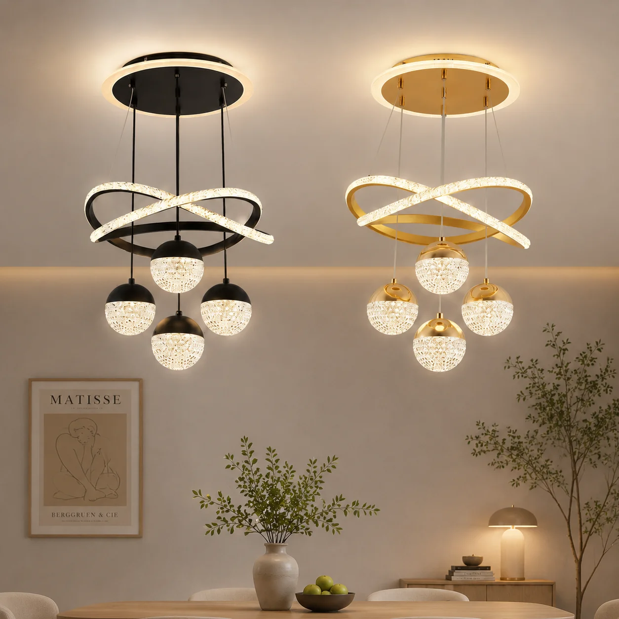 Modern minimalist LED pendant light with pendant design, gold ring design, suitable for use in restaurants, living rooms, bedroo