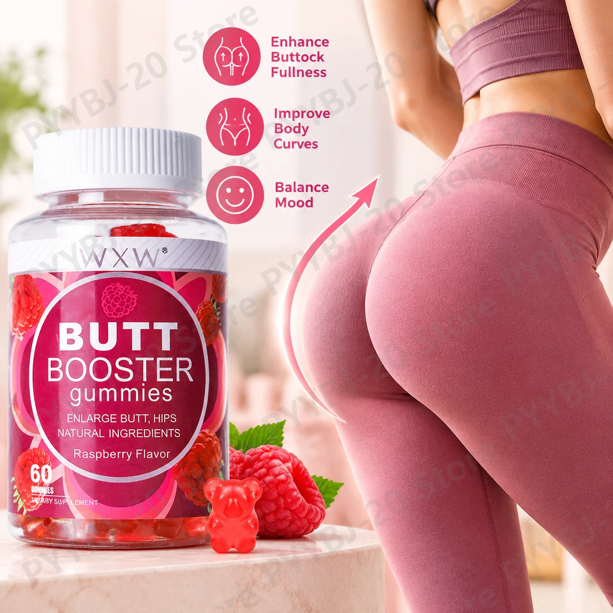 Booty Enhancement Gummies Promote Buttock Fullness Improve Body Curves Balance Mood with Vitamin A B6 C E Formula for Women 60ct