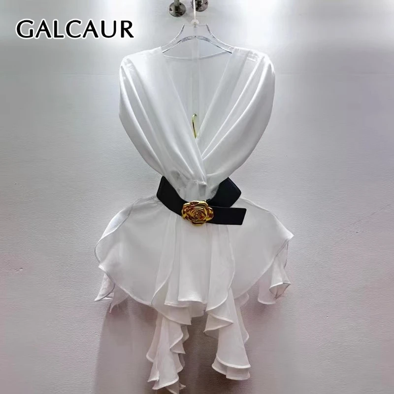 

GALCAUR Solid Slimming Spliced Belt Minimalist T Shirts for Women V Neck Sleeveless Patchwork Folds Fashion Top Female Clothing