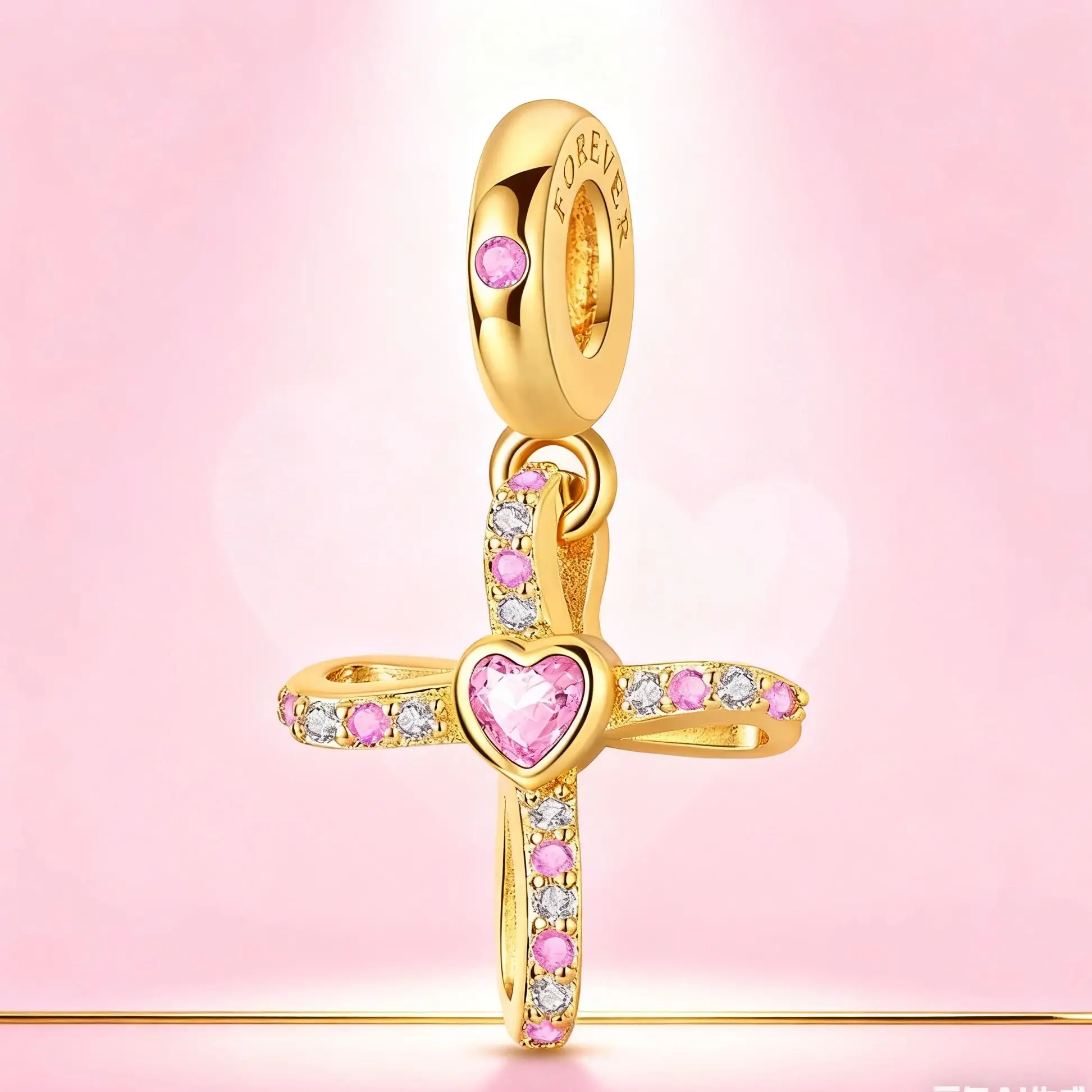 

925 Silver Dangle Charm Gold Cross Pendant Fit Original Bracelet DIY Woman Jewelry