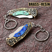 Brass Resin Mini Folding Knife 7Cr17MoV Steel Blade With Sharp Edge With Keychain Pendant Fruit Knife Outdoor Self-defense Tool