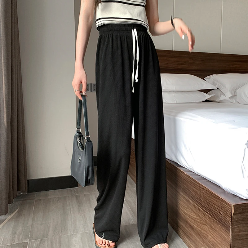 ITOOLIN Women Casual Straight Pants Drawstring Elastic Waist Thin Solid Pants Silky Trousers For Women 2024 Spring Summer