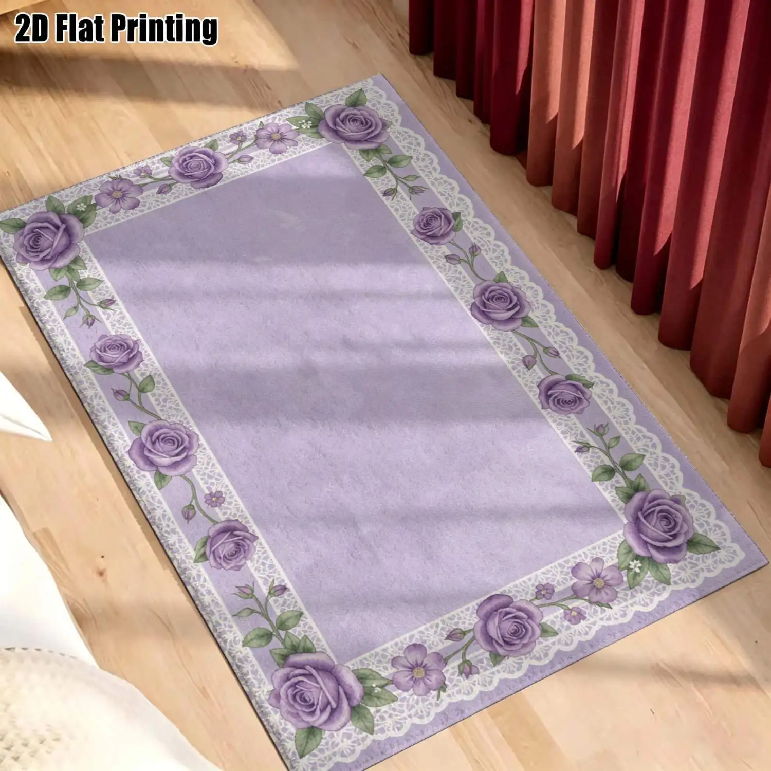 1Pc 2D Printed Light Purple Rose Floral Vintage European Carpet, Machine Washable, Multi-Size for Home Decor: Entrance/Dining/Foyer/Bedroom/Study/Living Room