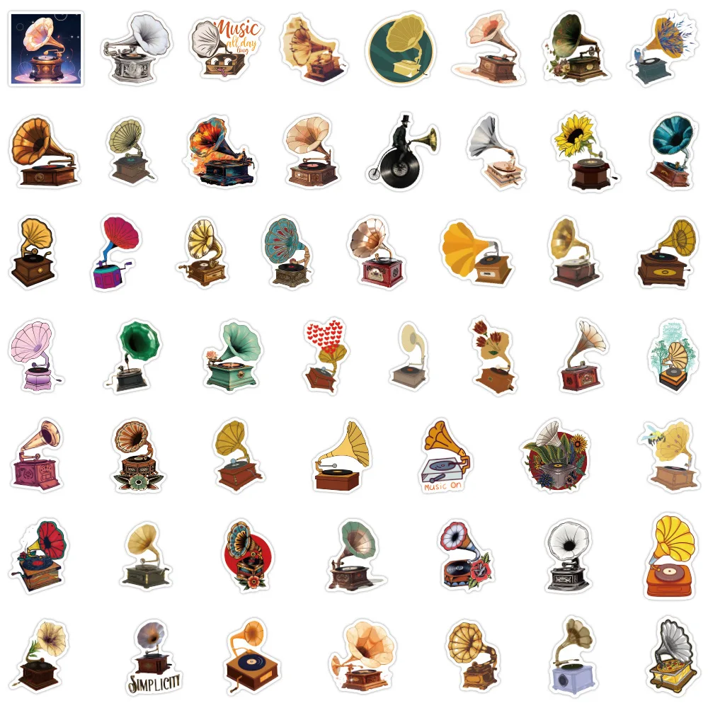 

50PCS Phonograph Sticker Retro Style Cartoon Vinyl Record Player Decorative Luggage Phone Case iPad Waterproof Stickers Kids Toy