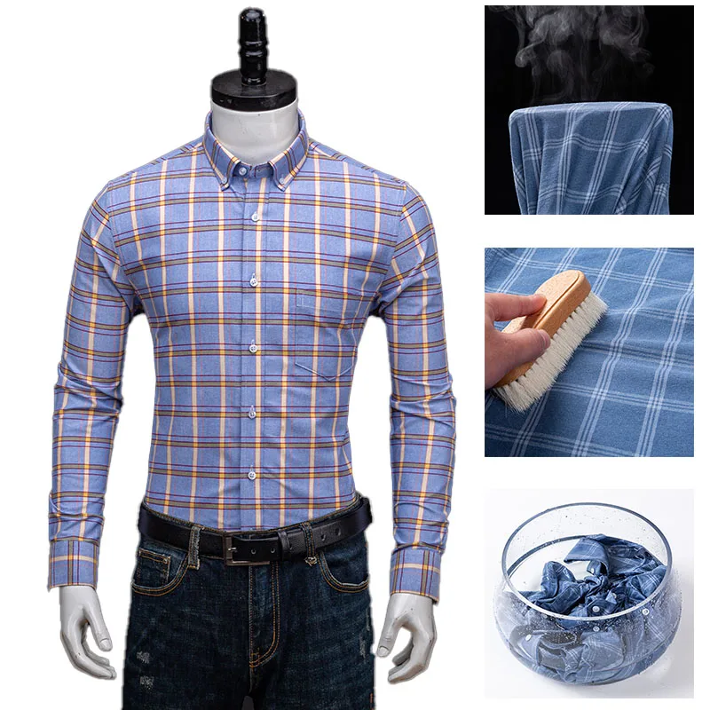 New Men's Fashion Social Check Shirts Long Sleeved 100% Pure Cotton Oxford Casual Daily Plaid Striped Solid Comfortable Blouses