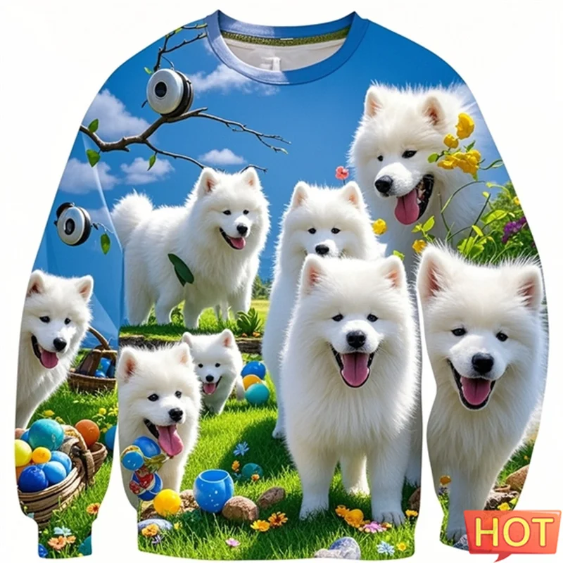 Cute Samoan Dog Graphic Sweatshirts For Men Pullover Sportwear Cartoon Outdoor Samoan 3D Printed Sweatshirts Women Children