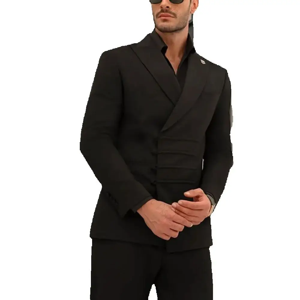 Fashion Black Multi Row Buckle Men Suit Two Pieces(Jacket+Pants) Outfits Casual Party Prom Wedding Set