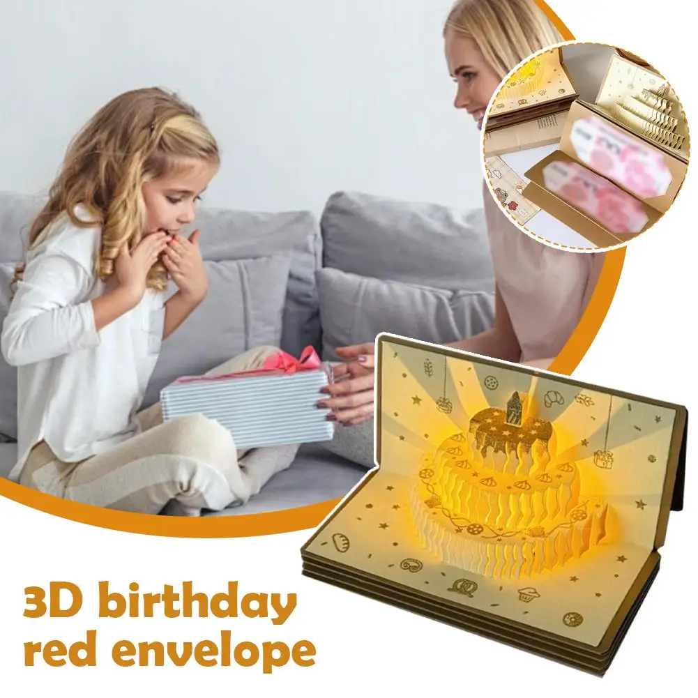 بطاقة عيد ميلاد خفيفة للموسيقى ثلاثية الأبعاد، بطاقة تهنئة كعكة منبثقة إبداعية، بطاقة رسالة هدية لحفلات أعياد الميلاد مع مغلف