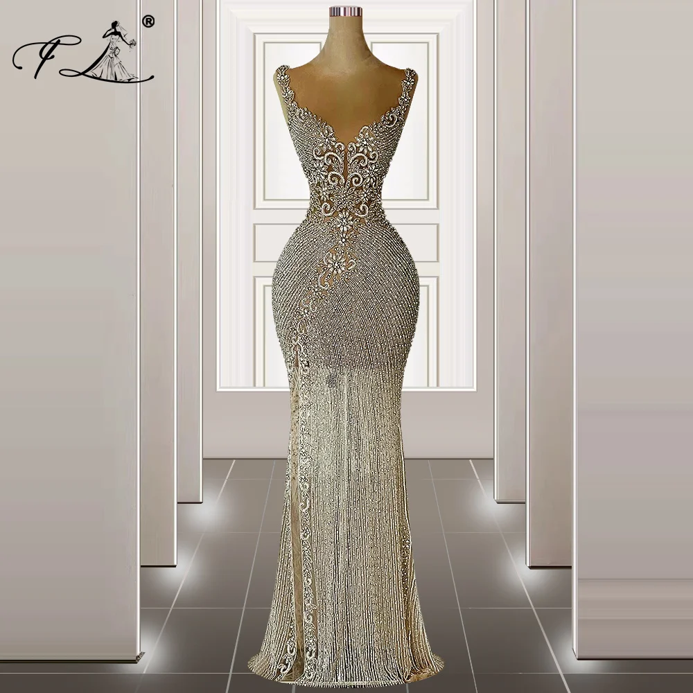 Heavily Handmade Silver Full Beaded Evening Dress 2024 Dubai Arabic Sexy Hollow Out Prom Party Dresses Vestidos Customized