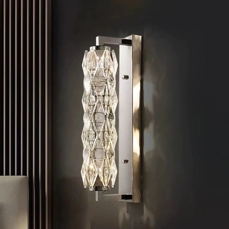 

Luxury Bedside Wall Lamp Stainless Steel Chrome Aisle Sconces LED Crystal Bedroom Light for Living Room Tv Background Stair Decr