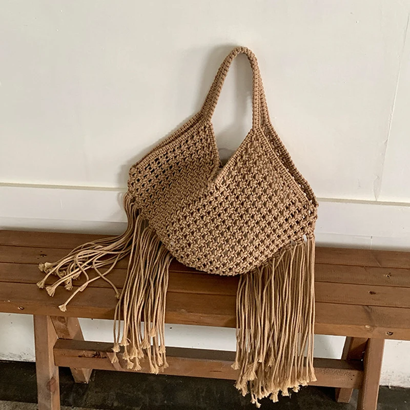 Bohemian Beach Bags For Women Luxury Designer Handbags Purses 2024 New In Polyester Rope Braided Tassel Hollow Underarm Shoulder