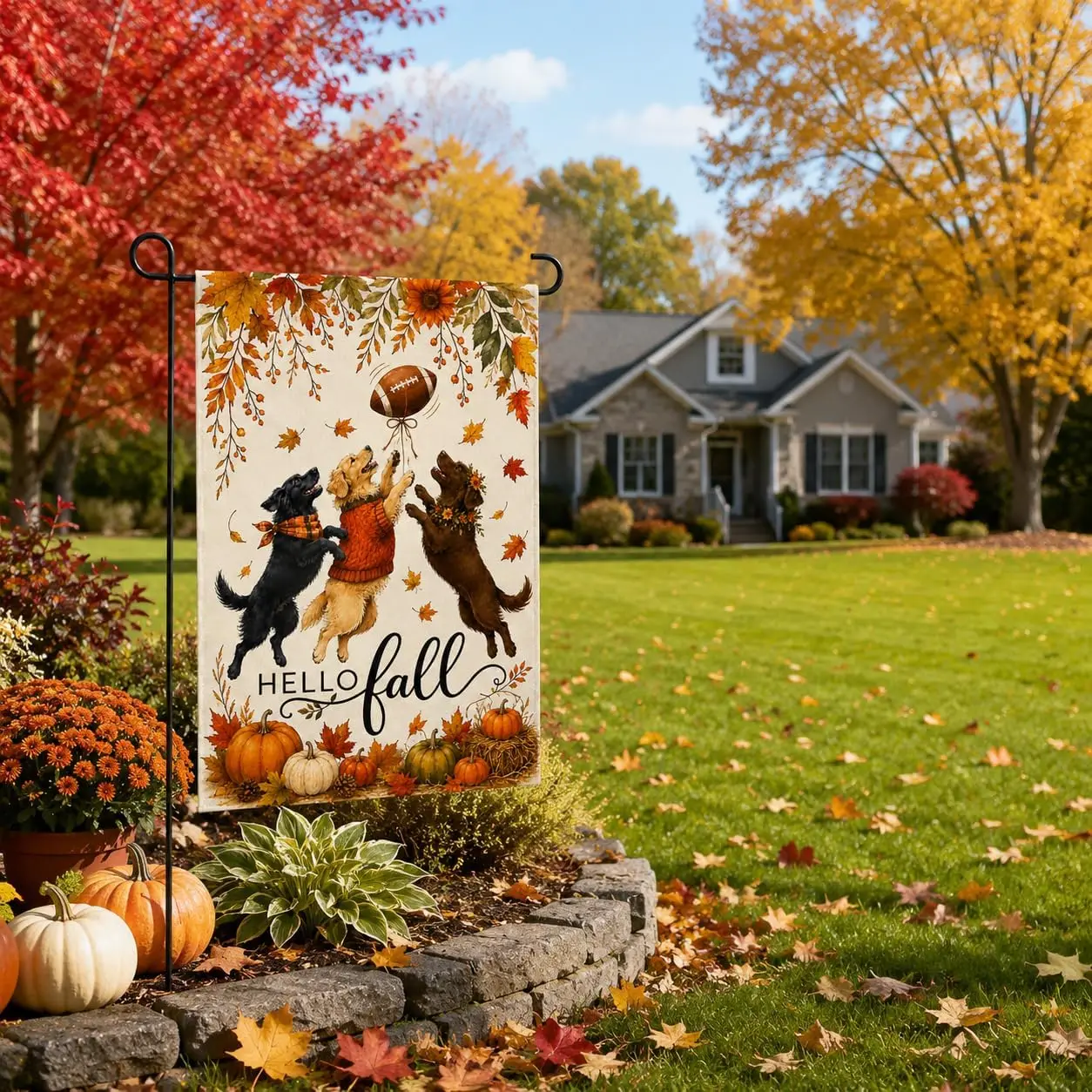Hello Fall Dogs Garden Flag 12x18 Double Sided Burlap, Welcome Fall Yard Lawn Dogs Maple Leaves Flag for Outside Decoration aaz