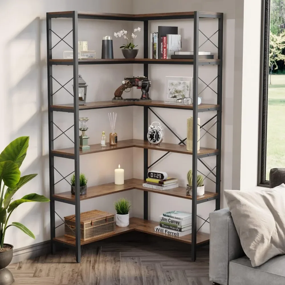 Libreria angolare a 6 livelli, ripiano alto a forma di L, libreria grande Etagere in stile industriale con struttura in metallo