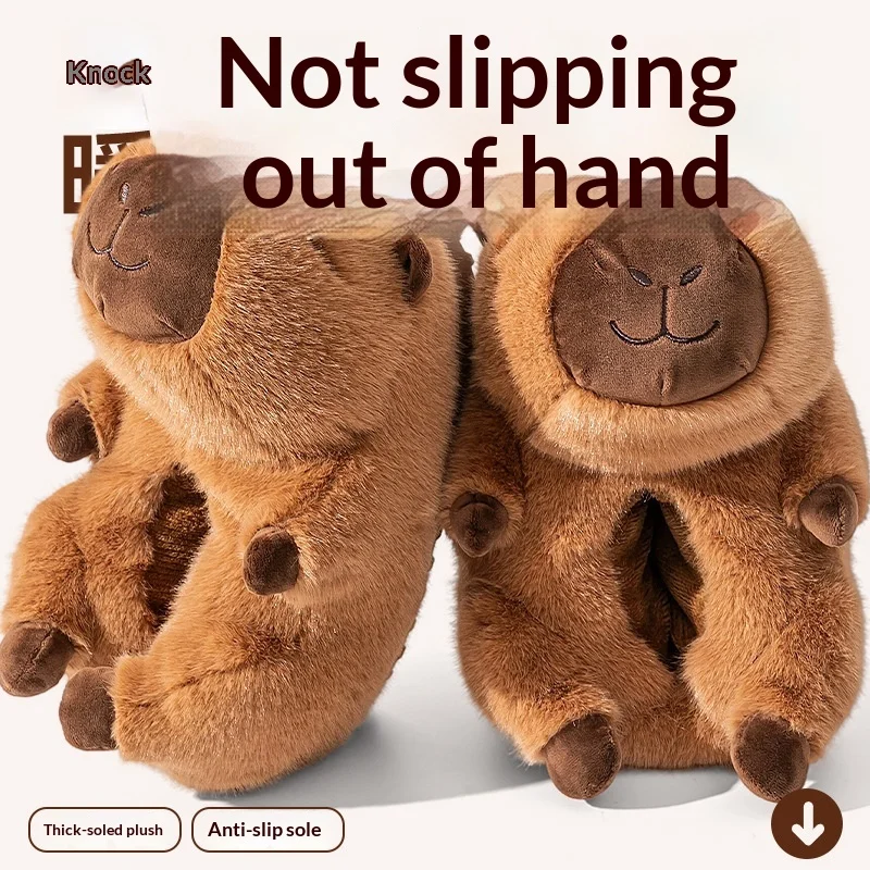 2025 New Capybara Plush Slippers Winter Warm Fluffy Fleece Lined Thick Sole Anti Slip Wrapped Heel Indoor Home Cute Cotton Shoes