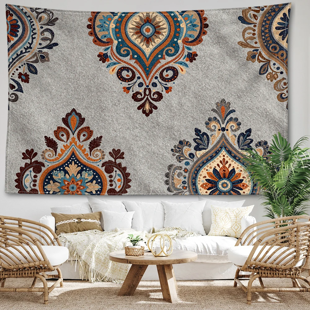 Gray Paisley Floral Symmetry Printed Tapestry Wall Hanging Bohemian Style Bedroom Home Decor