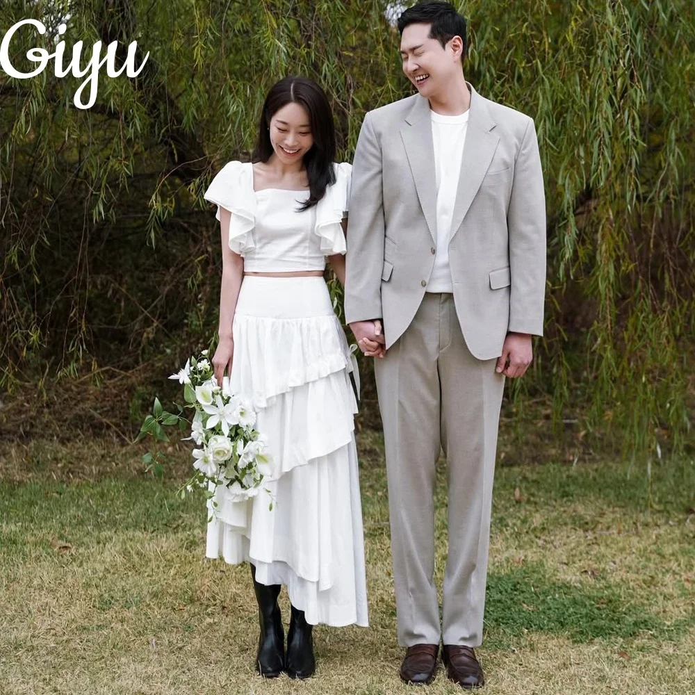 

Giyu Simple A Line Korea Wedding Dresses 2 PCS Tiered Pleat Floor-Length Short Sleeve Bridal Gowns Corset Customized 웨딩드레스 2025
