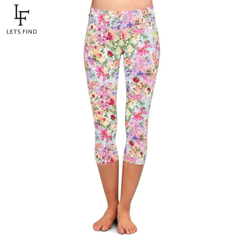 

LETSFIND Summer Hand Drawn Floral Print High Waist Women Capri Legging New Fitness Sexy Stretch Slim Mid-Calf 3/4 Leggings