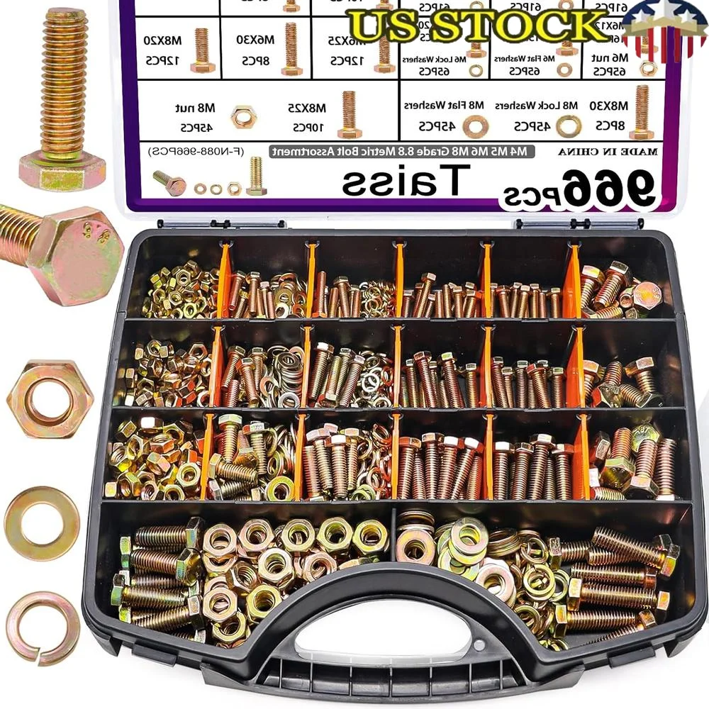 966pcs Metric Bolt Assortment Kit M4 M5 M6 M8 Grade 8.8 Heavy Duty Bolts Nuts Washers DIY Furniture Motorcycle Auto Repair