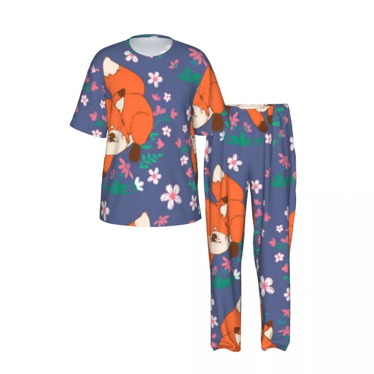 Men's short-sleeved pajamas two-piece trousers Cute Fox And Flowers Pattern home wear suit sleepwear