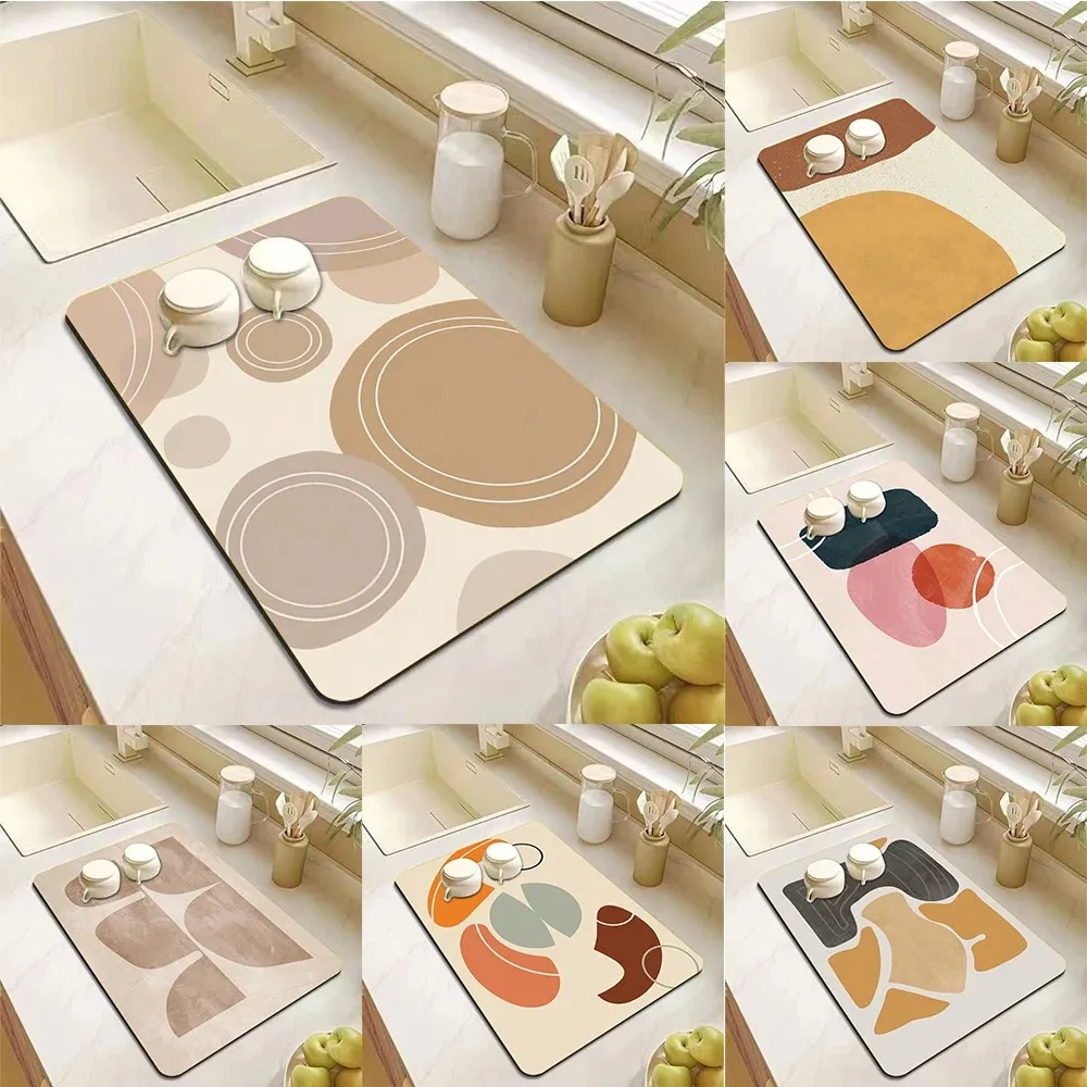 VIKAMA Neutral Circle Geometric Dish Drying Mat Non Slip Waterproof Quick Absorbent Kitchen Sink Coffee Draining Pad