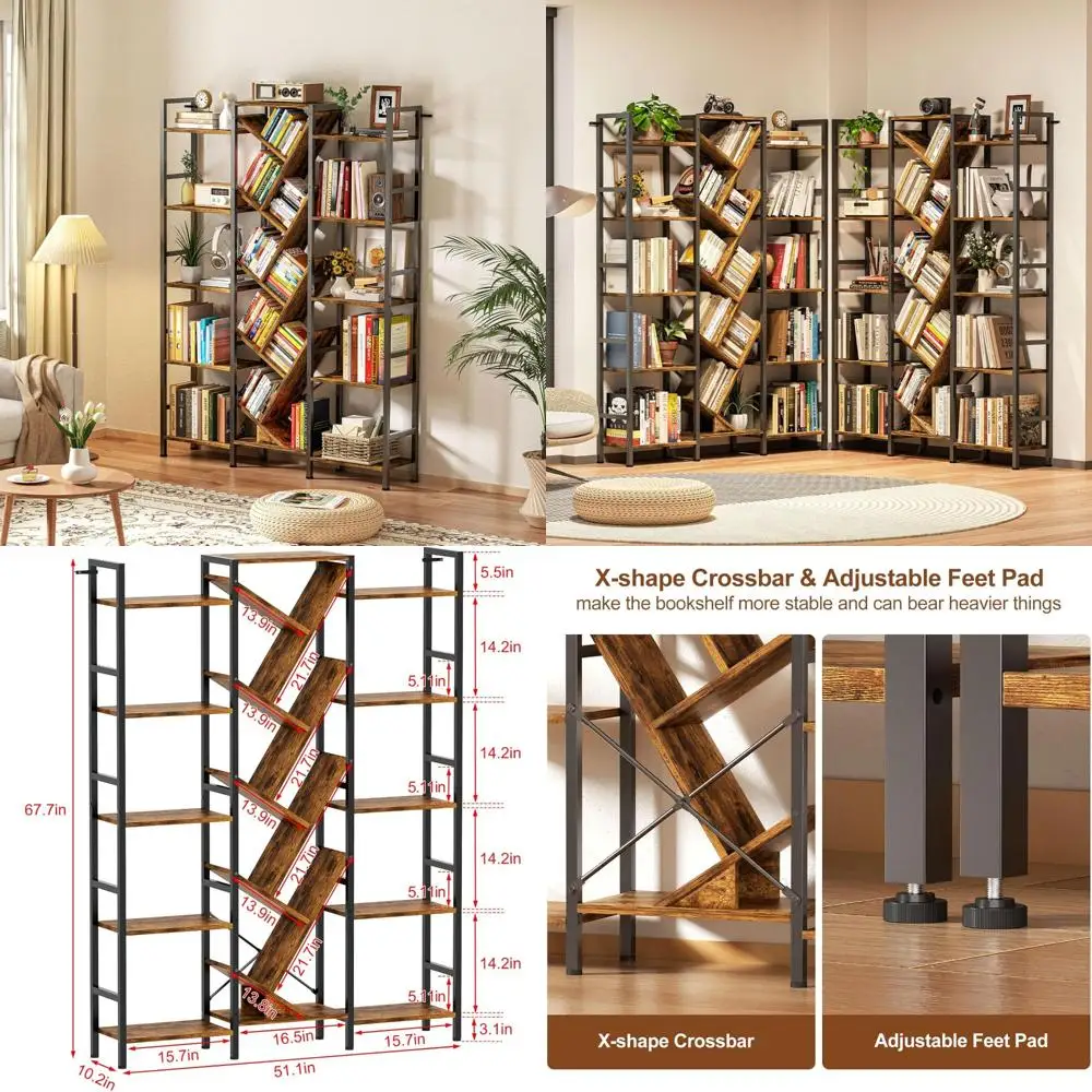 رف كتب خشبي كبير على الطراز الصناعي مع 19 رفًا مفتوحًا، وحدة عرض طويلة تشبه شجرة لمساحات المعيشة