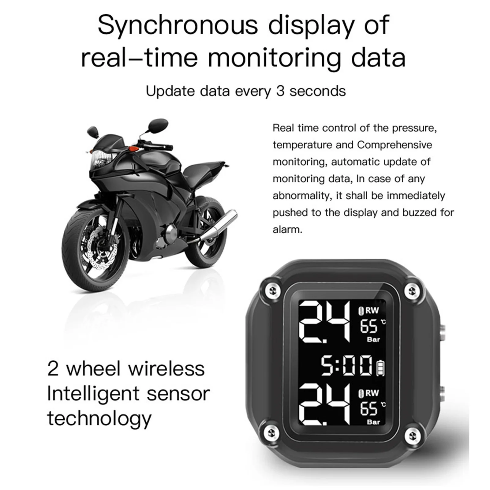 Motorcycle Wireless Tire Pressure Monitoring System USB Charging  TPMS for Motorcycle with 2 External Sensors Digital LCD