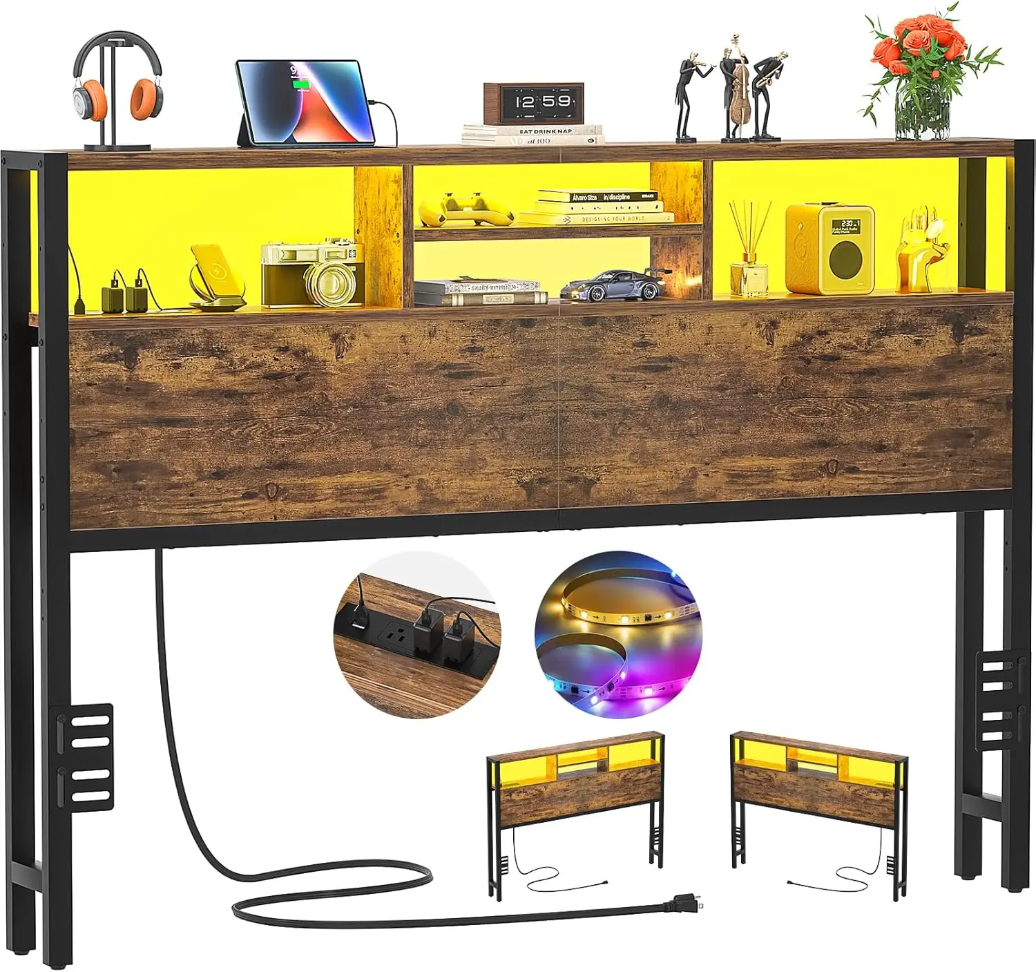 Testiere con prese, porte USB e luce LED, Queen Head Board Solo Testiera reversibile robusta e stabile regolabile in altezza