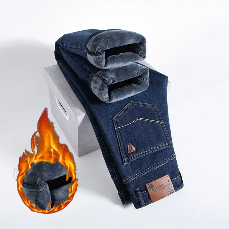 High Quality Thickened Warm Denim Pants Men Fashion Business Casual Windproof Jeans Male Snow Warm Plush Fleece Loose Trousers