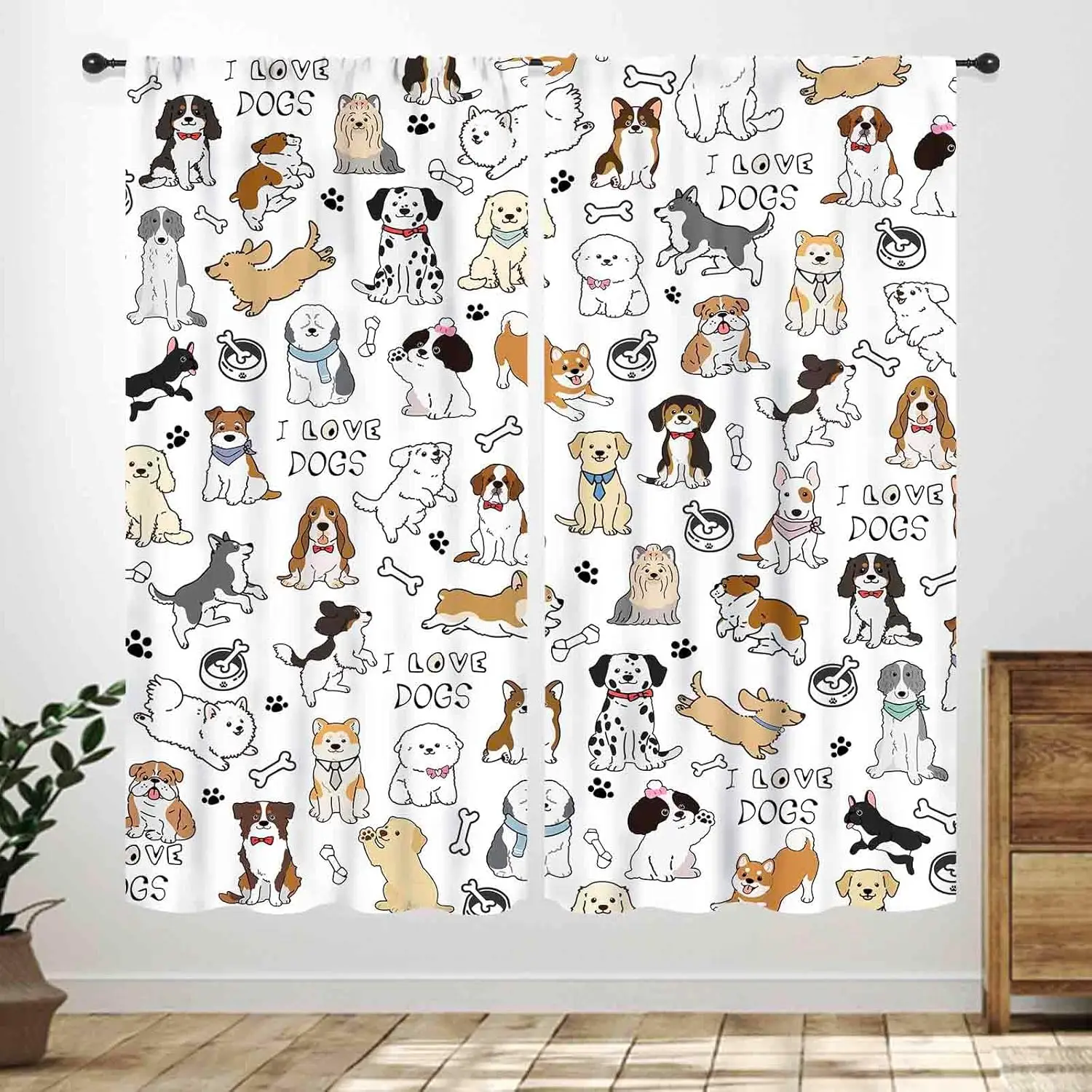 I Love Dogs Dog Art Shower Curtain Pet Lover Tapestry Cute Puppy Illustration Bathroom Home Decor Wall Hanging Gift