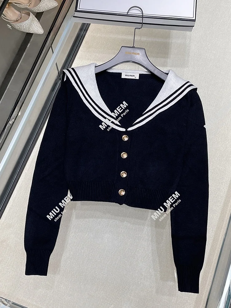 

High-End Women's Knitted Cardigan Navy Collar Striped College Sle Top Sve Long Regular Fit ort Length Button Detail
